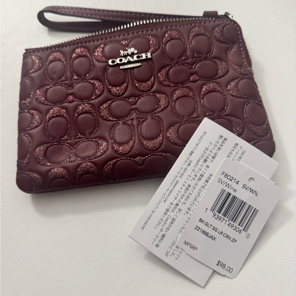 COACH Corner Zip Wristlet in Signature Leather Wine New Glitter